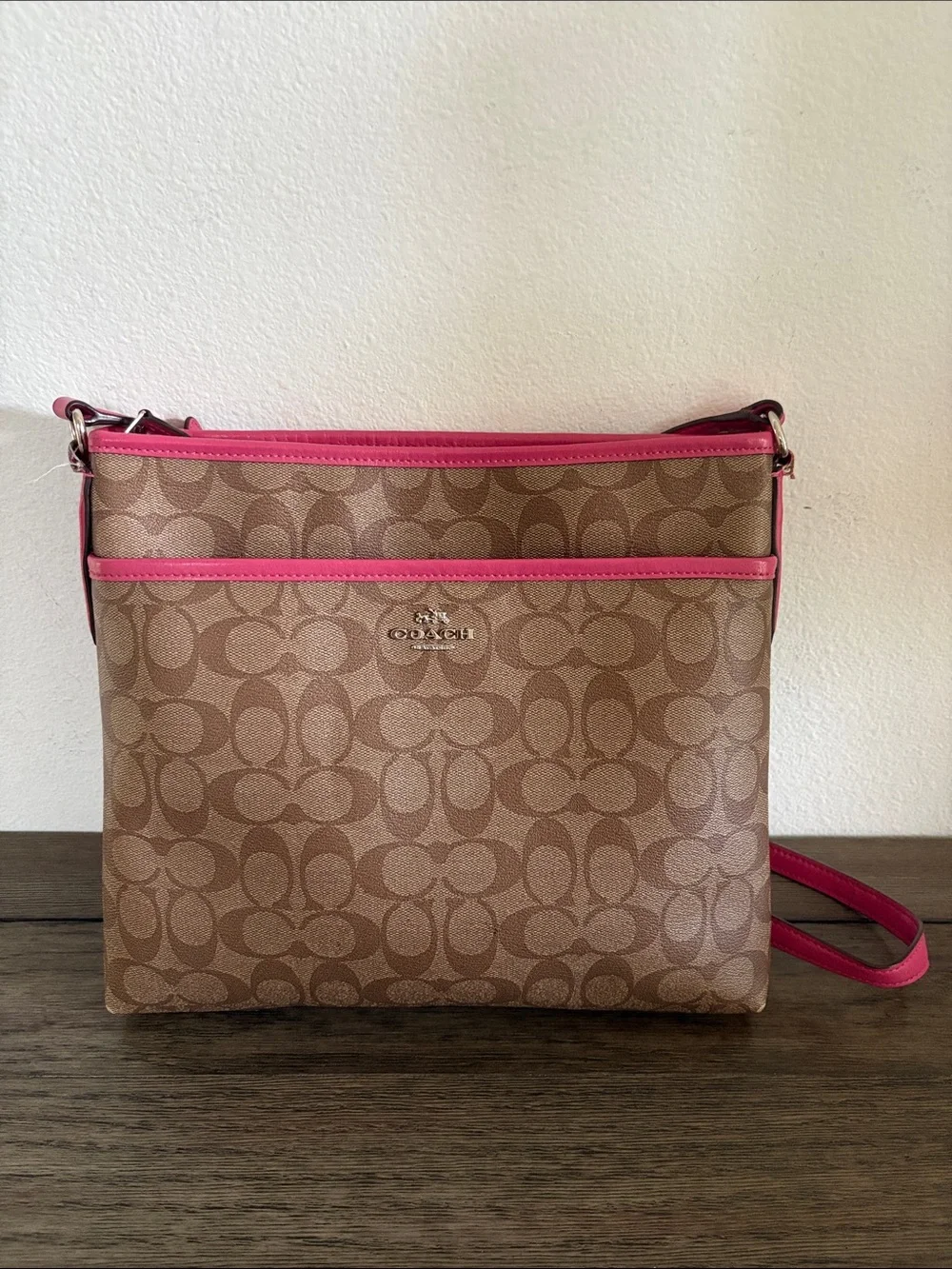 [Coach] Signature File Adjustable Crossbody Coated Canvas Bag Purse Khaki/Pink - Picture 3 of 16